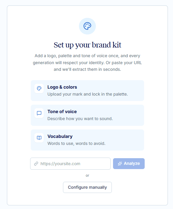 The Brand Kit panel, showing the imported logo, colour palette, typography and tone of voice.