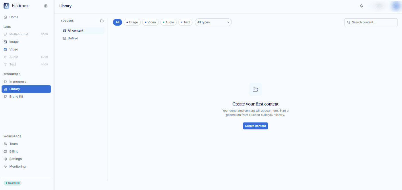The Library, listing generated assets with filters and folders.